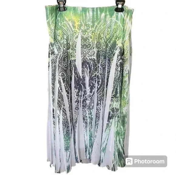 Reba Pleated Lined Green Paisley Maxi Long Fairy Boho Western Skirt Plus 3X EUC - Picture 2 of 6